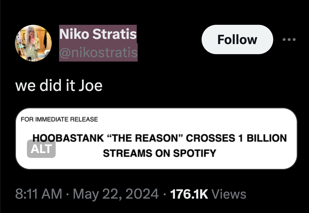 screenshot - Niko Stratis we did it Joe For Immediate Release Hoobastank "The Reason" Crosses 1 Billion Alt Streams On Spotify Views